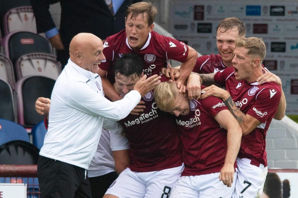 Arbroath players rejoice with Dick Campbell after yet another goal, expect a few this weekend for our accumulator