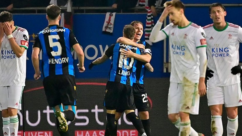 Club Brugge celebrate a goal against OH Leuven in the Belgian Pro League.