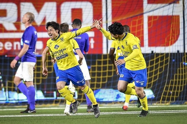 Sint-Truiden players celebrate a crucial Pro League win at home to Beerschot last time out.