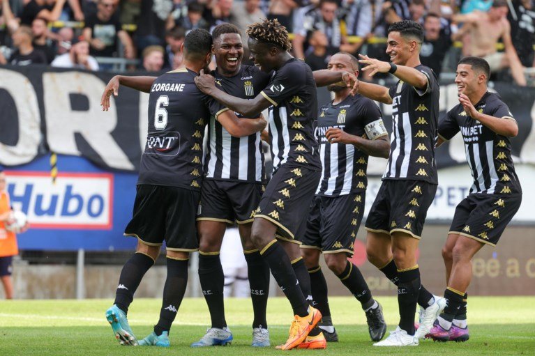 The Pro League leaders after the first week, Charleroi, celebrate scoring their second goal of their 3-1 win against Eupen