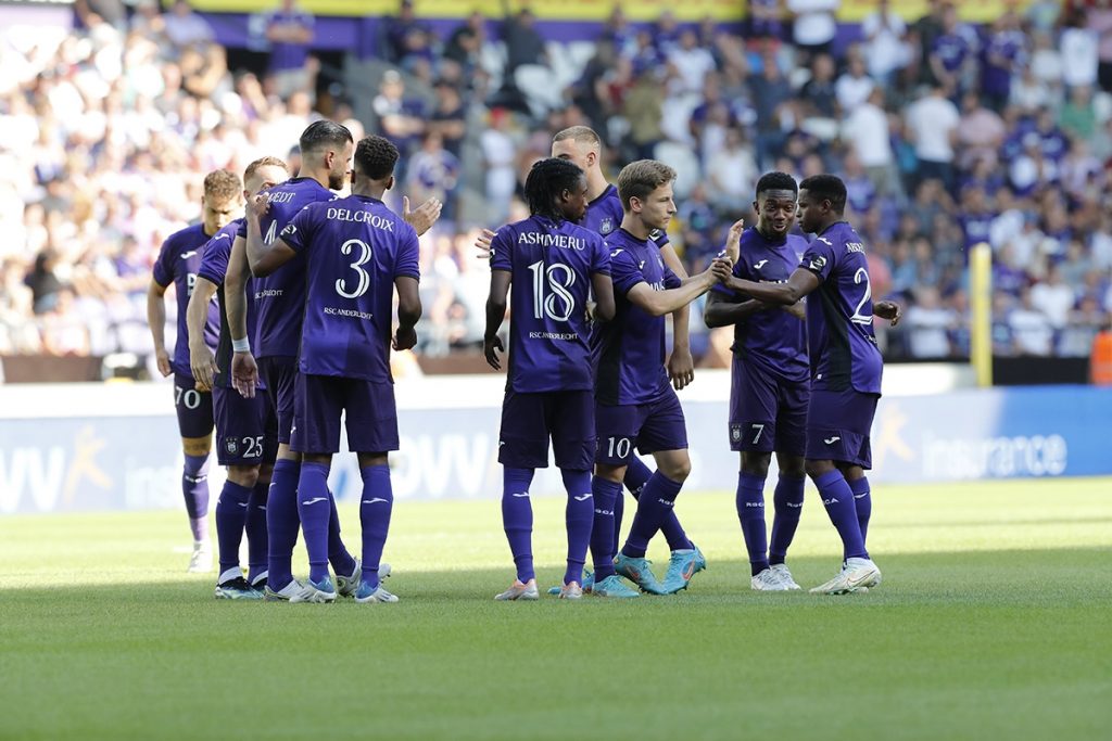 PRO LEAGUE: Anderlecht's players congratulate Wesley Hoedt on his opening goal against Oostende in a 2-0 victory on the opening weekend of the season