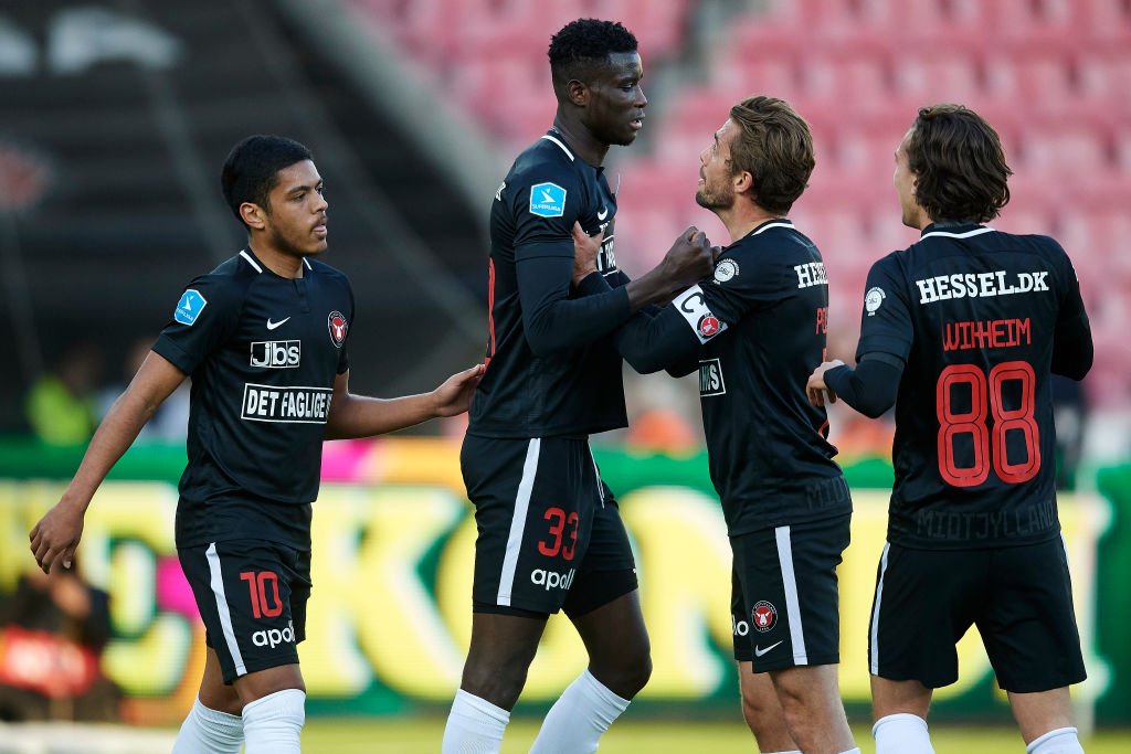 Danish Superliga side Midtjylland's players celebrate a goal