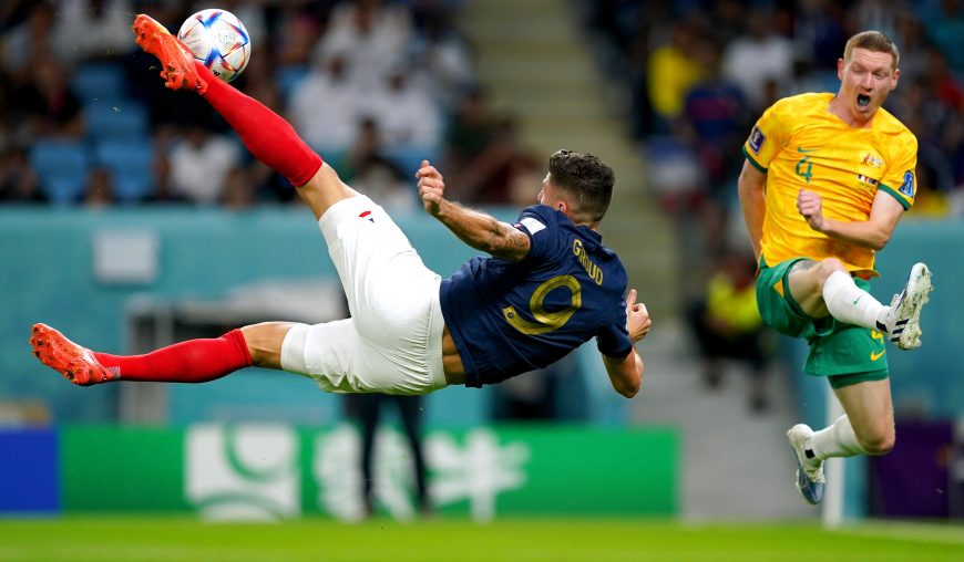 Olivier Giroud attempts an overhead kick for France in their 4-1 win over Australia
