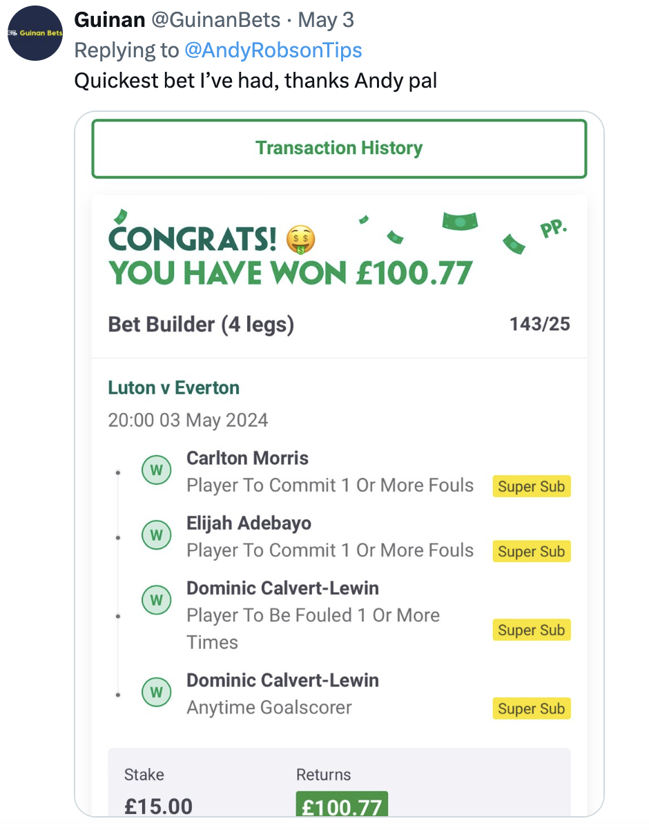 Luton v Everton Bet Builder Winner